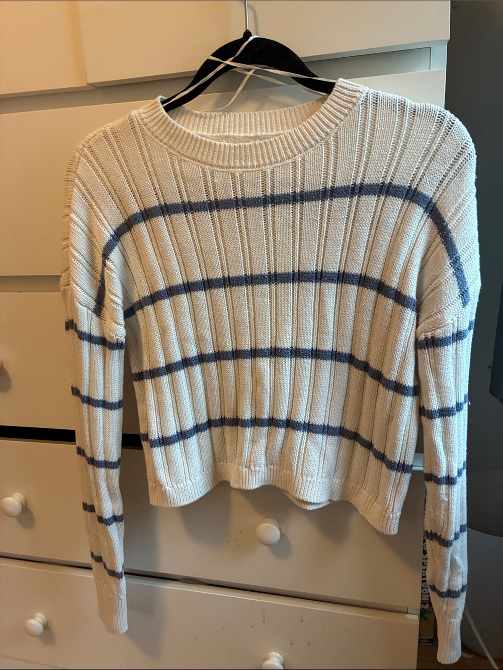 Aeropostale Cream Sweater with Blue Stripes - Ribbed Crewneck